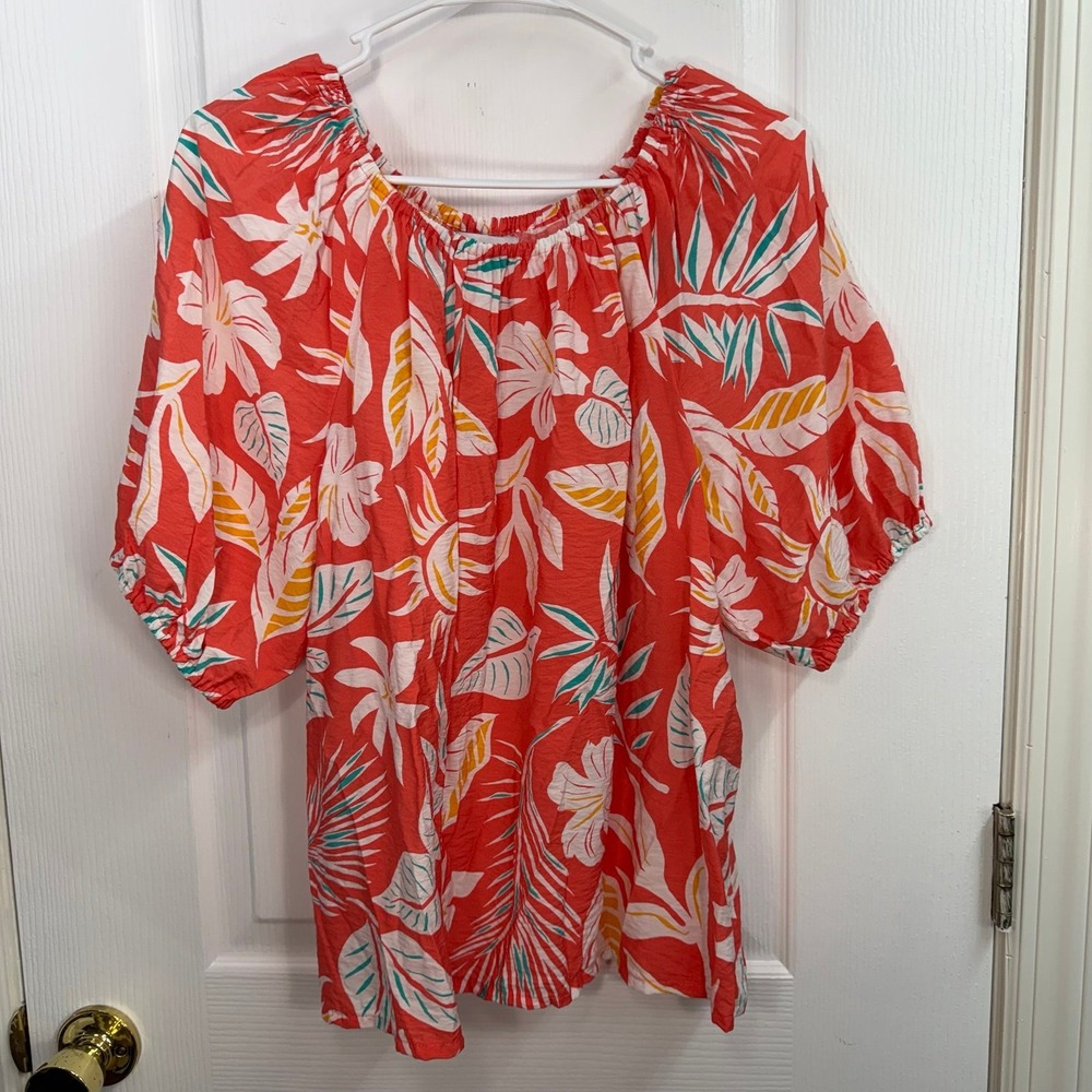 Sonoma coral floral leafy half puff sleeve off shoulder lightweight blouse large